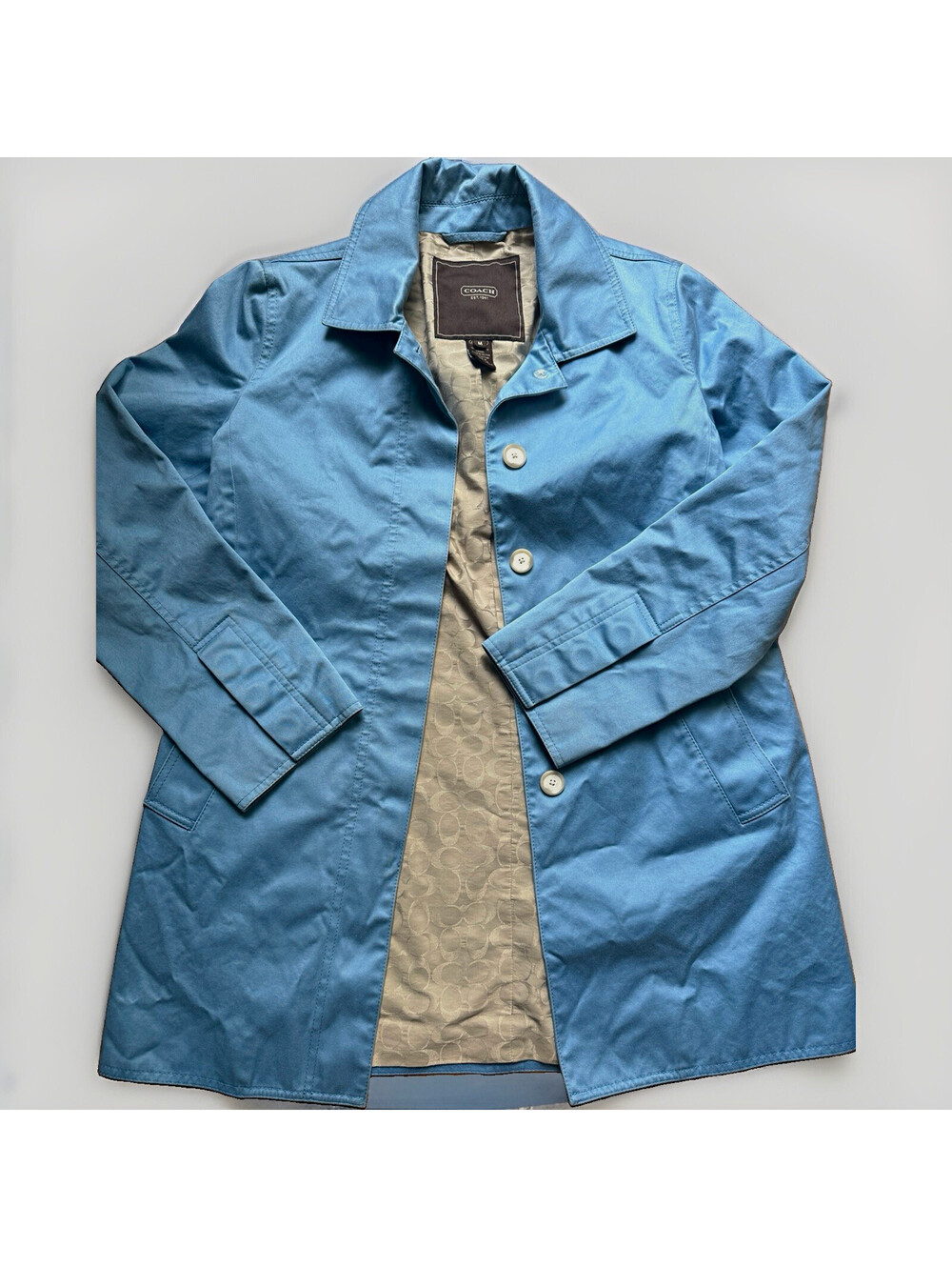 Coach Women’s M Blue Cotton Trench Coat Jacket Signature C Lini